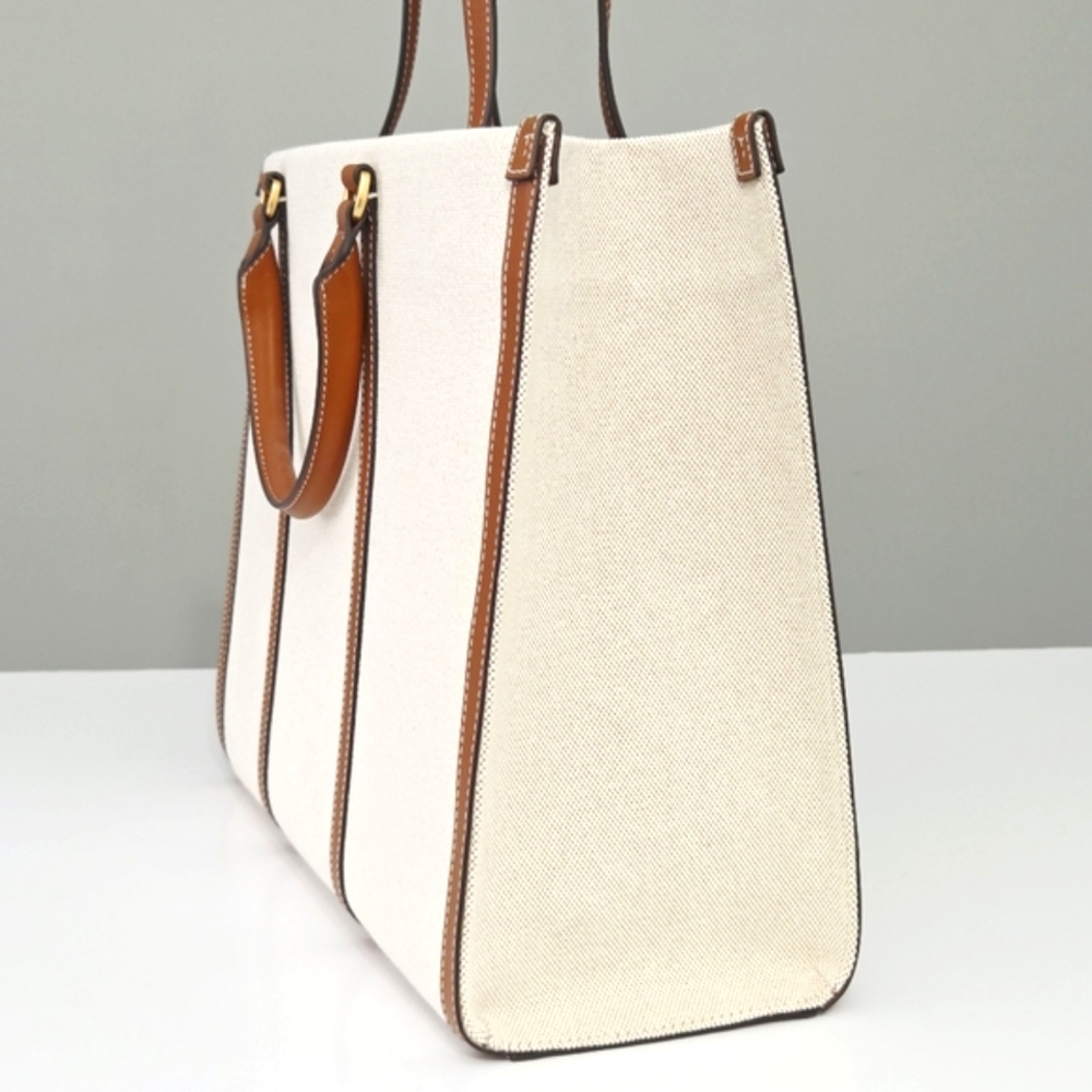 EXCELLENT TORY BURCH BLAKE CANVAS LEATHER JUMBO TOTE IN NATURAL CLASSIC CUOIO - Picture 6 of 8